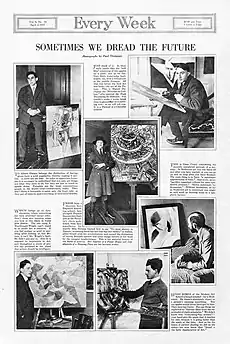Albert Gleizes (with Chal Post, 1915); Marcel Duchamp (with his brother Jacques Villon's Portrait de M. J. B. peintre (Jacques Bon) 1914); Jean Crotti; Hugo Robus; Stanton Macdonald-Wright; and Frances Simpson Stevens (center), Every Week, Vol. 4, No. 14, April 2, 1917, p. 14