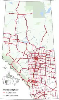 The alignments of the 1 - 216 series of highways within Alberta's provincial highway system within other base features including hydrography, national/provincial parks, cities and city equivalents, and the provincial green and white zones.