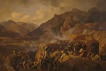 Blue-coated troops attack a fortified position while a mountain looms on the horizon