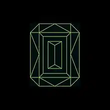A geometric illustration of a green emerald on a solid black background
