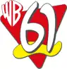 On a red triangle trimmed in black, the "WB" from the WB logo in the upper left. A white 61, slightly abstract, trimmed in black, sits in the center, above a yellow squiggle running on the bottom.
