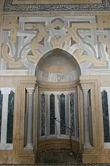 Polychrome marble mosaic work on the mihrab of the Al-Firdaws Madrasa in Aleppo (13th century, Ayyubid period)