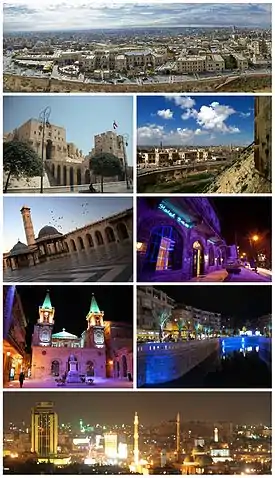 Ancient City of AleppoAleppo Citadel • The entrance to al-Madina SouqGreat Mosque of Aleppo • Baron HotelSaint Elijah Cathedral • Queiq RiverPanorama of Aleppo at night