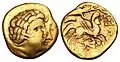 Gold stater of the Cenomani, on the reverse an androcephalous horse led by a charioteer extending a vexillum in front of it, riding over a fallen enemy.