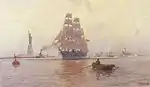 A fully rigged ship in front of the Statue of Liberty in New York Bay, 1897
