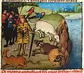 Folio 67r.: Alexander, his men and beasts suffering from thirst by a river.