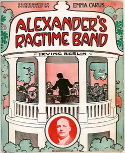 A cover by artist John Frew depicting a fictional bandleader Alexander and his men performing in a bandstand.