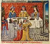 Folio 94v.: Alexander and his queen at table, and again in the foreground with a feather in his throat after being poisoned.