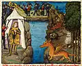 Folio 68v.: Alexander and his men facing amazing beasts across a river.