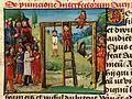 Folio 61r.: Alexander has the murderers of Darius executed by hanging.