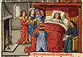 Folio 95v.: Alexander on his deathbed, surrounded by mourners, and dictating his will to his notary.