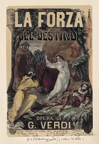 Image 13La forza del destino poster, by Charles Lecocq (restored by Adam Cuerden) (from Wikipedia:Featured pictures/Culture, entertainment, and lifestyle/Theatre)