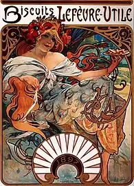 Biscuits Lefèvre-Utile, advertisement; by Alfons Mucha; 1897; lithograph; 62 × 43.5 cm; private collection