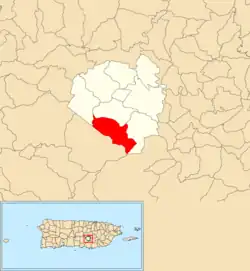 Location of Algarrobo within the municipality of Aibonito shown in red