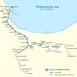 A map of Algiers metro lines currently in operation including stations under construction