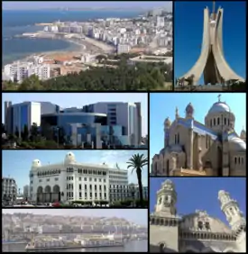 From top, left to right: Coast, Martyrs' Memorial, Ahmed Francis Building, Basilica of Our Lady of Africa, Central Post Office, Ketchaoua Mosque, Harbour