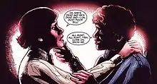 A comic book panel from Friday the 13th: Pamela's Tale #2 that features Alice, left, and Pamela Voorhees, right, depicting their encounter from the 1980 film