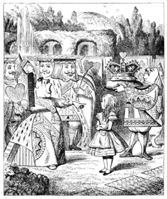 Tenniel illustration of The King and Queen of Hearts (grand procession)