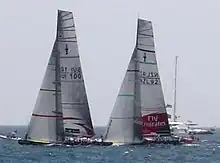 Color photograph of racing catamarans