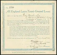 Image 29Debenture of the All England Lawn Tennis Ground Ltd., issued 20. August 1930. (from Wimbledon Championships)