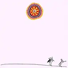 A simple drawing of a colorful sun above a few figures walking along the bottom of the album cover