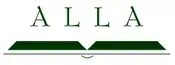 A book open flat with the letters A L L A on top of it. Green on white
