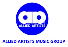 Classic Allied Artists "Mirrored A's" logo stylized in round solid blue with the words "Allied Artists" below the mirrored A's. Below, there is the full music group division name.