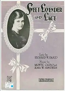 Sheet music for "Sweet Lavender and Lace", with lavender background and a photograph of a young white woman in an oval frame, surrounded by lace and ribbons.