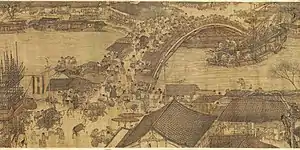 Detail of the original version of Along the River During the Qingming Festival attributed to Zhang Zeduan (1085–1145). Note that the picture switches back and forth between axonometric and perspective projection in different parts of the image, and is thus inconsistent.