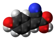 Space-filling model of the α-cyano-4-hydroxycinnamic acid molecule