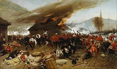 The Defence of Rorke's Drift, oil on canvas painting by Alphonse de Neuville, 1880, Art Gallery of New South Wales. This incident occurred on 22 January 1879, in the Anglo-Zulu War.