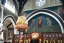 View of Iconostasis and the mural of Theotokos and Christ child over the altar