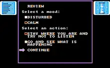 A screenshot showing white text on a black background, where one can choose the player character's mood and actions in a scene.