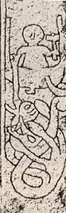 Detail showing Thor's foot going through the boat as he struggles to pull up Jörmungandr.