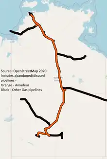 The Amadeus Pipeline (orange) and other main gas pipelines in the Northern Territory