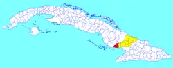 Amancio municipality (red) within  Las Tunas Province (yellow) and Cuba