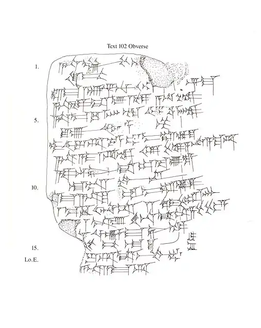 line drawing, ObverseAmarna letter EA 15-(titled: "Assyria joins the International Scene").A common Amarna letter that uses cuneiform mu.(line 19, Reverse.)