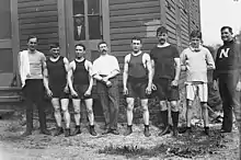 From left to right are: Hayes the trainer; Reuben Charles Warnes; W. W. Allen; secretary Edward T. Calver of the ABA; Alfred Spenceley; Frank Parks; Erskine; and Murray the trainer on 13 May 1911