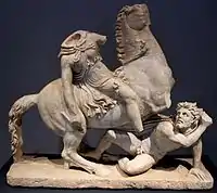 Amazon attacking a Barbarian, sculptural group found in the Anzio Villa, Antonian era - c. 138-192 AD, Roman copy of Greek original. Palazzo Massimo Alle Terme.