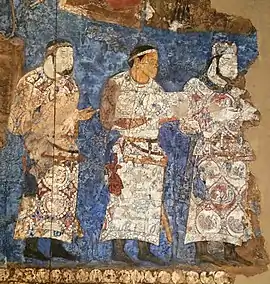 Ambassadors from Chaganian (central figure, inscription of the neck), and Chach (modern Tashkent) to king Varkhuman of Samarkand. 648-651 CE, Afrasiyab murals, Samarkand. The delegate to the right has a Simurgh design on his dress.