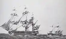Pierre Ozanne's depiction of Ambuscade towing Bayonnaise back to harbour, with exaggerated proportions between the ships