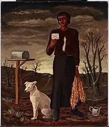 Oil painting of a young woman standing outside, reading a letter, with a dog at her feet. The background is sparse and indicative of a desert environment, and the woman wears a red top and long dark skirt while carrying a scarf. She has cropped, short, dark hair, a large white dog at her feet to her left, with an open mailbox behind.