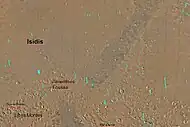 Map of Amenthes quadrangle. The northwest part is the large impact basin Isidis. The crater Escalante sits right on the equator.