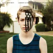 An image of a teen standing near a house, with the black American flag on one side of him. We see the band's name and the album title written above in black.