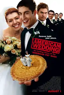 The infamous pie from the first movie takes the place of a traditional wedding cake, providing a series in-joke. Stifler's position behind Jim on the poster represents the character's ascended prominence in the film.