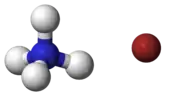 ball-and-stick model of an ammonium cation (left) and a bromide anion (right)