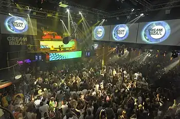  Photograph of the crowd at Amnesia facing towards the DJ booth. The image is captured from an elevated position and looks down at the clubbers.