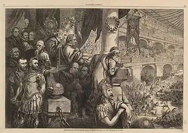 "Amphitheatrum Johnsonianum – Massacre of the Innocents at New Orleans – July 30, 1866" (Harper's Weekly, September 8, 1866) has been called "one of the most important cartoons that Thomas Nast ever drew."