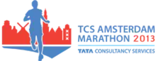 Logo of a skyline and a runner next to the texts "TCS Amsterdam Marathon 2013" and "Tata Consultancy Services"