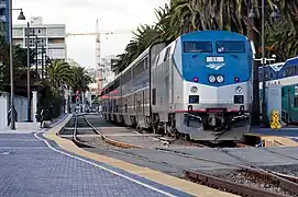 A Pacific Surfliner train hauled by a P42DC locomotive in 2012